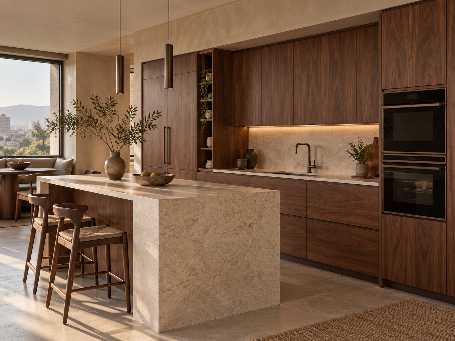 Cocina integral de nogal con isla de piedra, imagen de inspiración