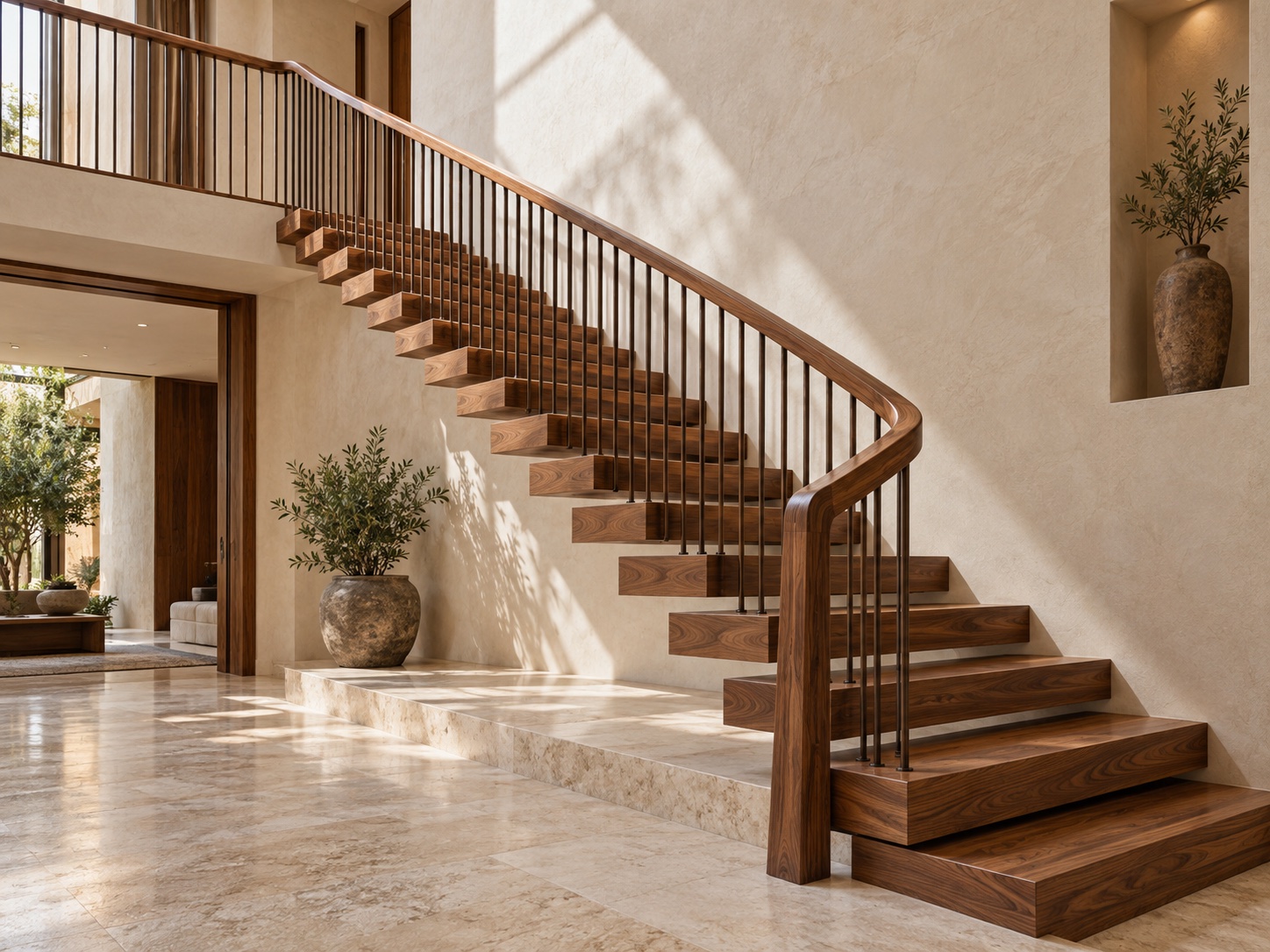 Escalera flotante con pasamanos de nogal, imagen de inspiración