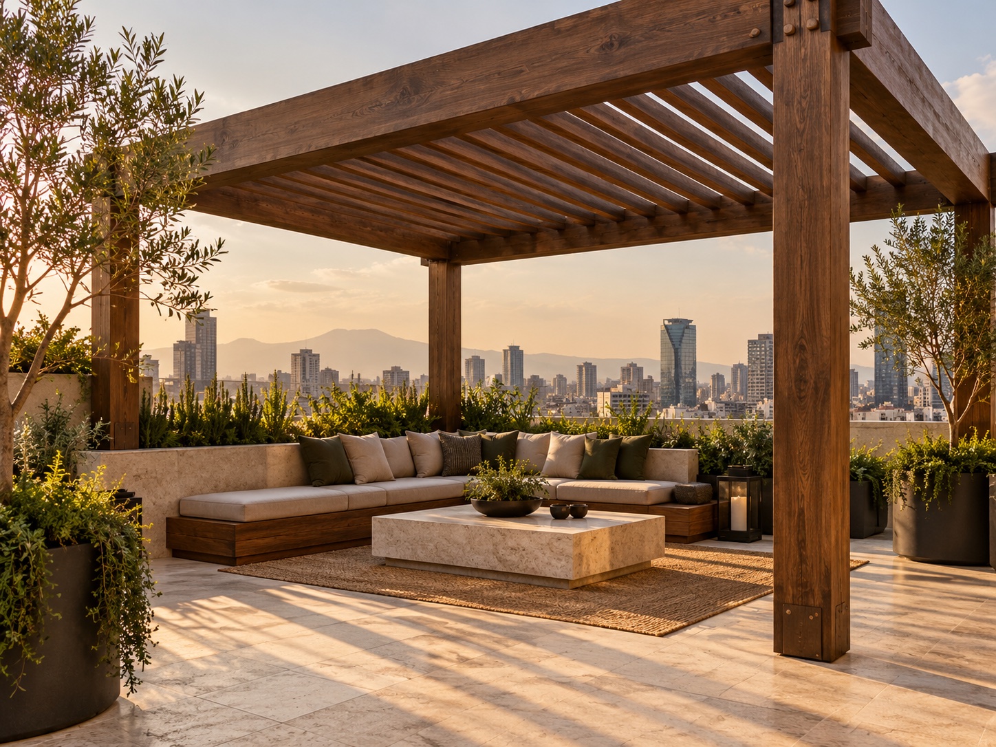Pérgola de madera en una terraza urbana, imagen de inspiración